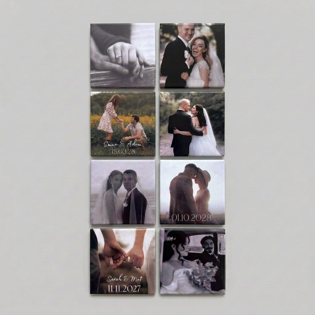 8 custom magnets, engagement and Wedding photos black and white and coloured. With names and dates