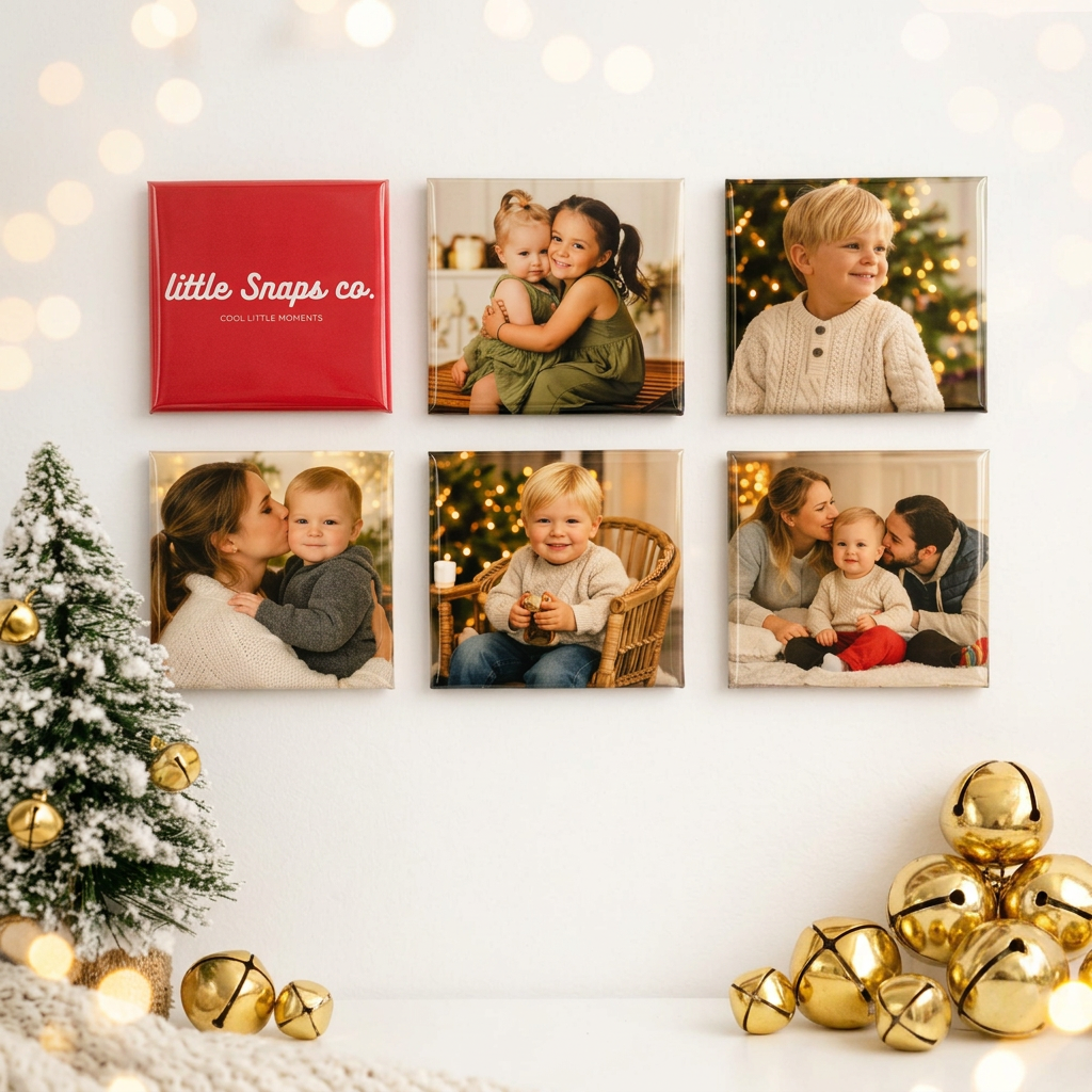 Six square custom christmas photo magnets and one red branded magnet named little snaps co arranged on a white wall, decorated with a small Christmas tree, lights, and ornaments.