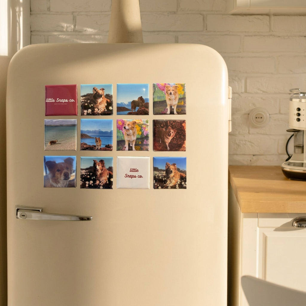 A cream-colored retro-style refrigerator in a kitchen setting, decorated with a 3x4 grid of pet photo magnets. The magnets feature various dog portraits, beach scenes with brand name little snaps co