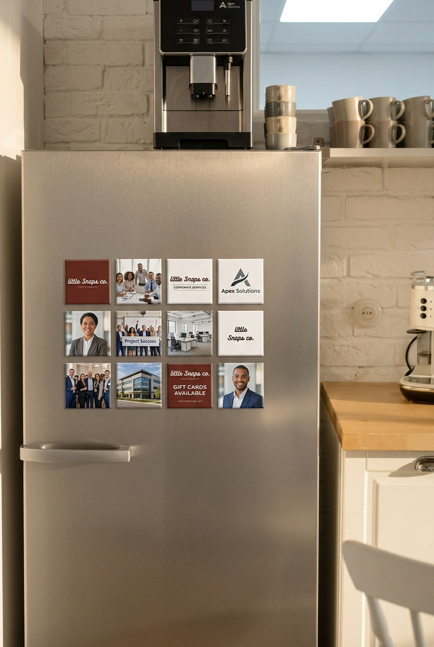 Silver fridge in staff room, with a number of business logo examples displayed