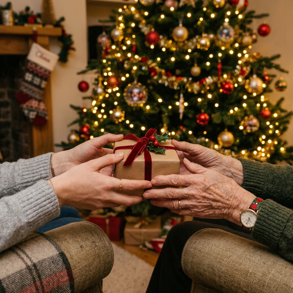 A person in a gray sweater offers a small wrapped gift box with a red ribbon to an older person seated across from them, in a cozy living room with a lit Christmas tree and fireplace in the background.